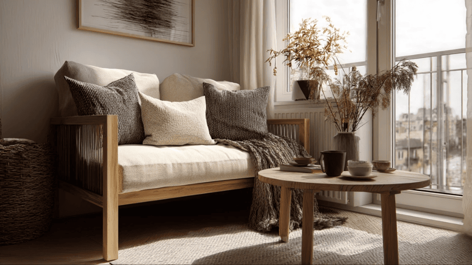 Compact loveseat in a cozy small studio apartment living area with minimal decor