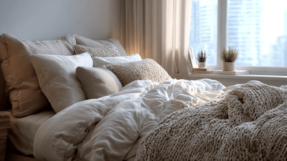 Cozy small studio apartment bed with layered bedding, neutral pillows, and soft throw blanket