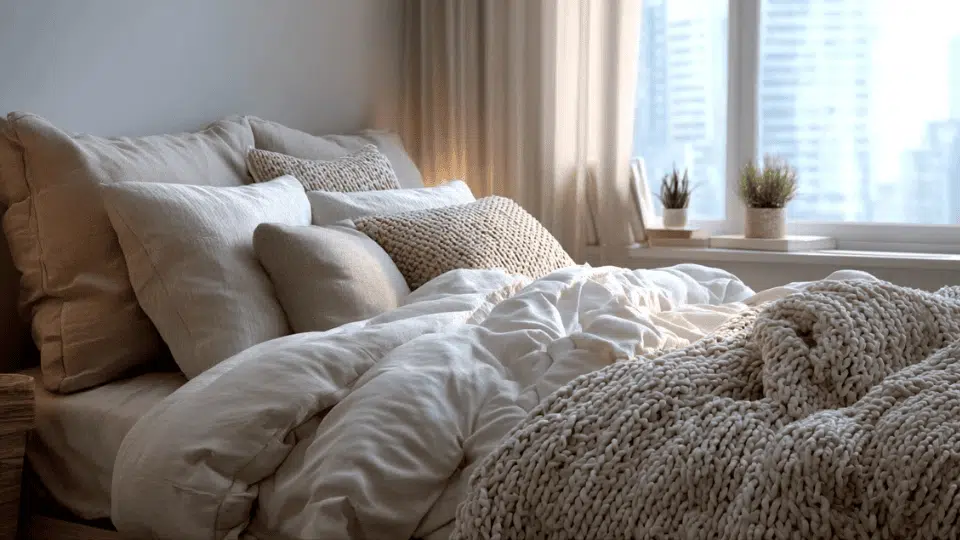 Cozy small studio apartment bed with layered bedding, neutral pillows, and soft throw blanket