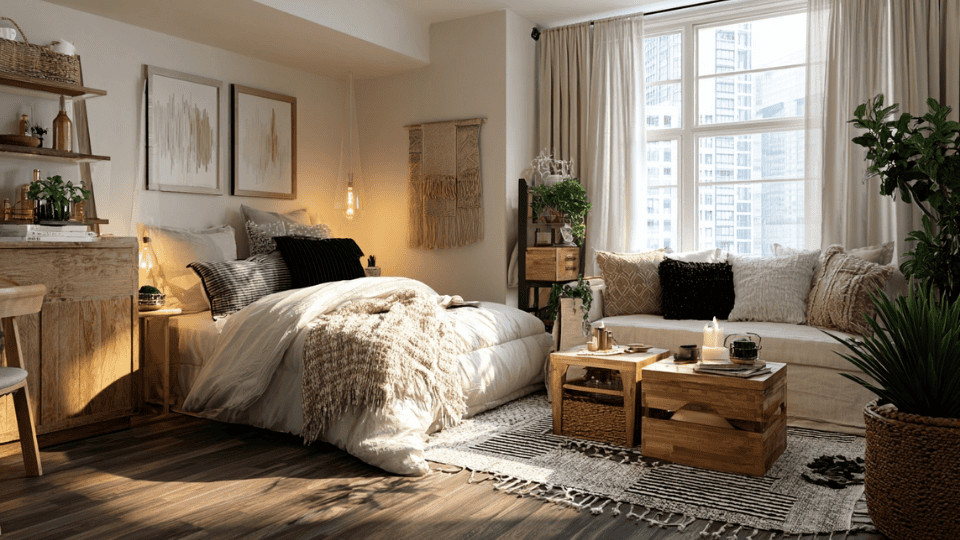 Cozy small studio apartment with modern decor, compact living area, and stylish sleeping space