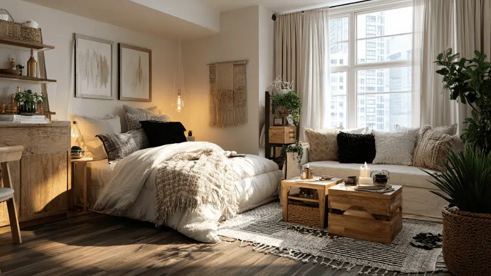Cozy small studio apartment with modern decor, compact living area, and stylish sleeping space