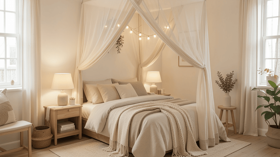 Cozy studio apartment bed with soft canopy drapes creating a private sleeping space
