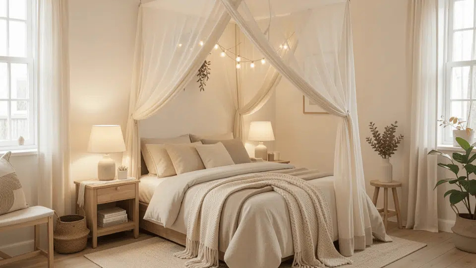 Cozy studio apartment bed with soft canopy drapes creating a private sleeping space
