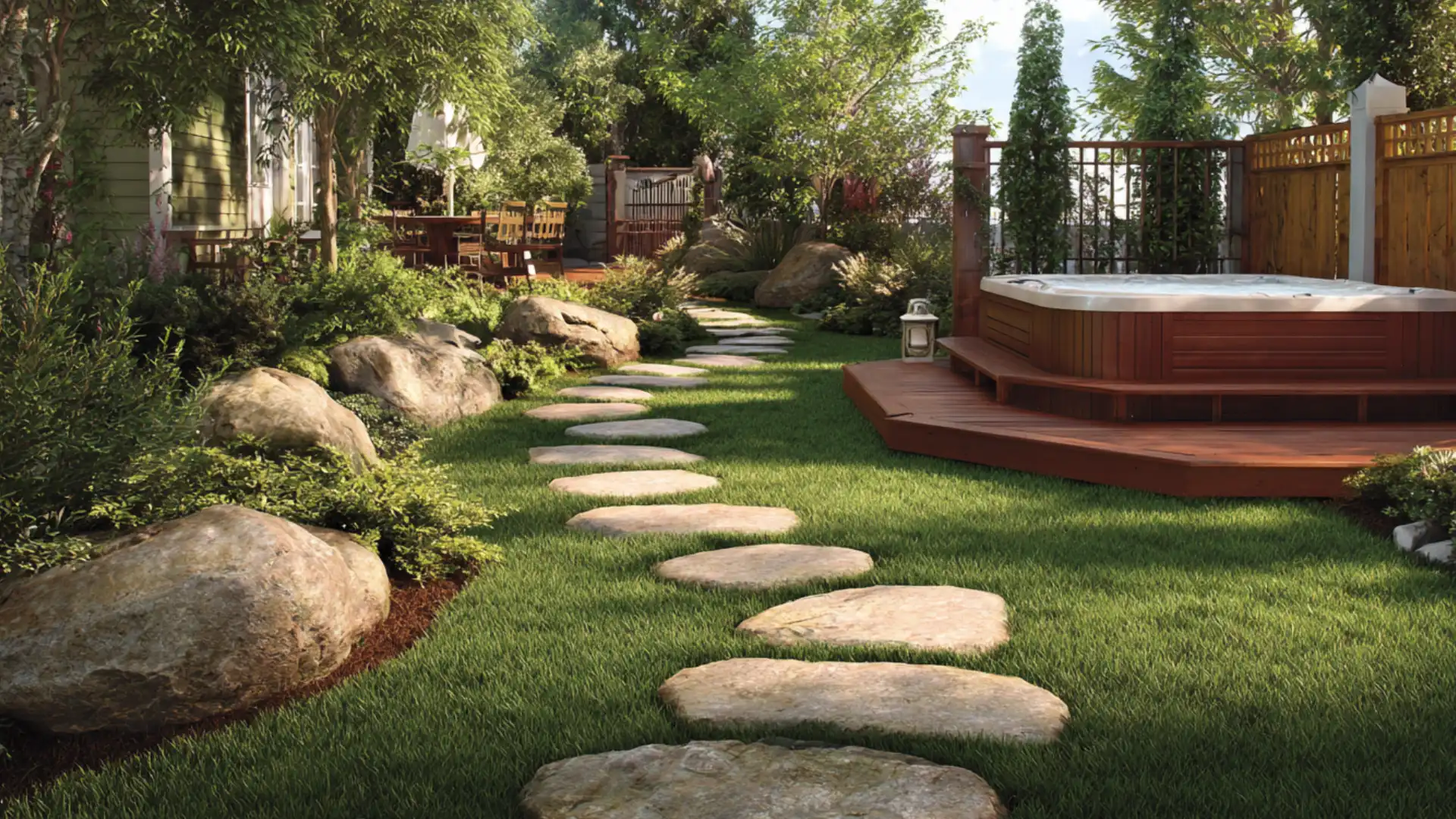 Curved stepping stone path leading from lawn to a cozy hot tub deck by the house
