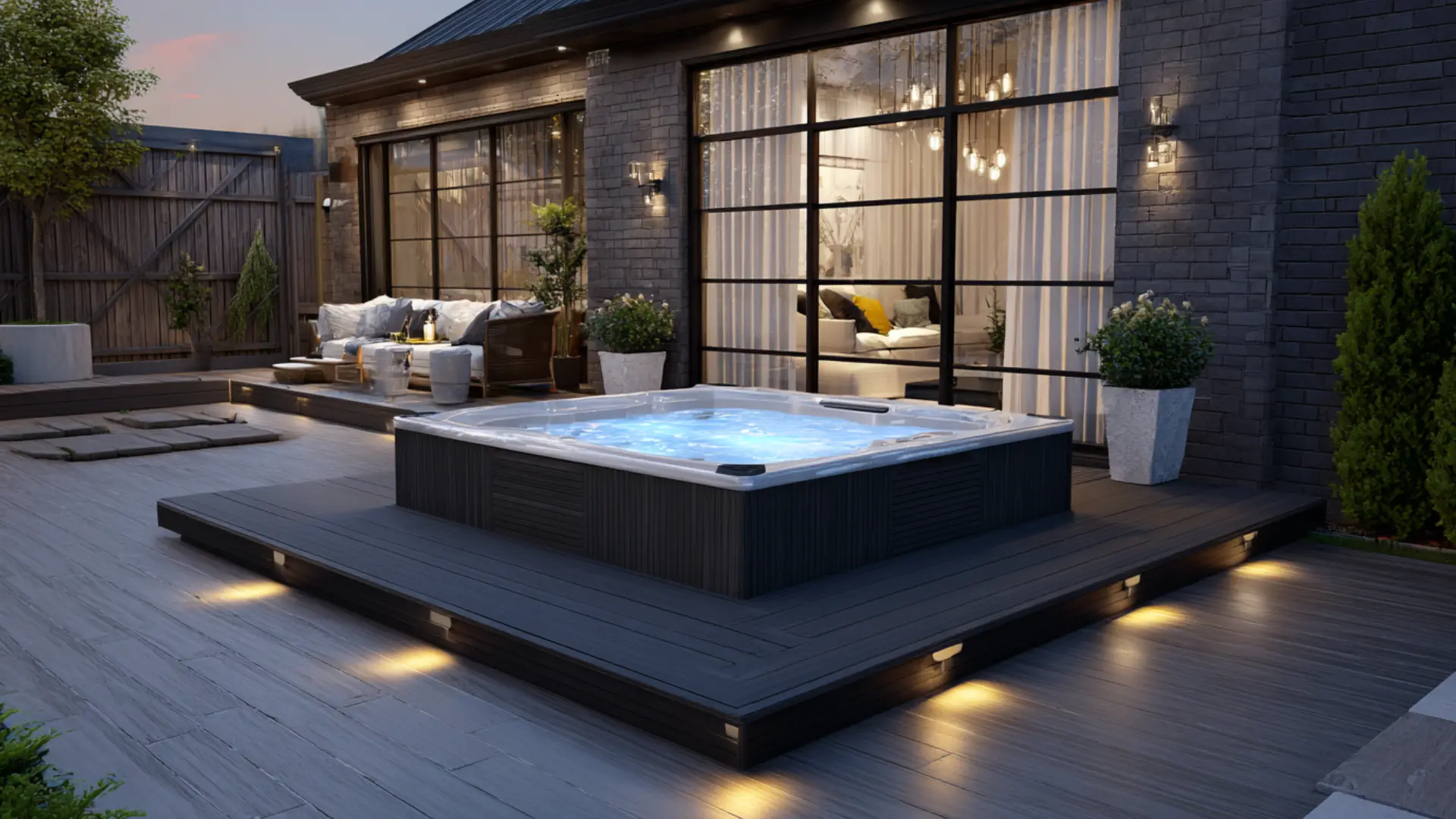 Dark composite hot tub deck with modern lines and low-maintenance finish at dusk