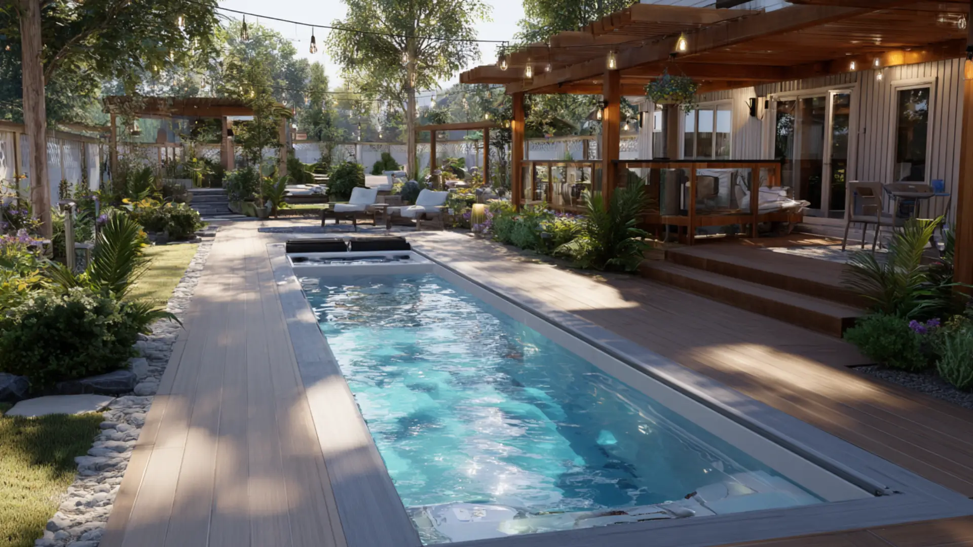 Deck built around a swim spa with space for exercise and soaking with warm light