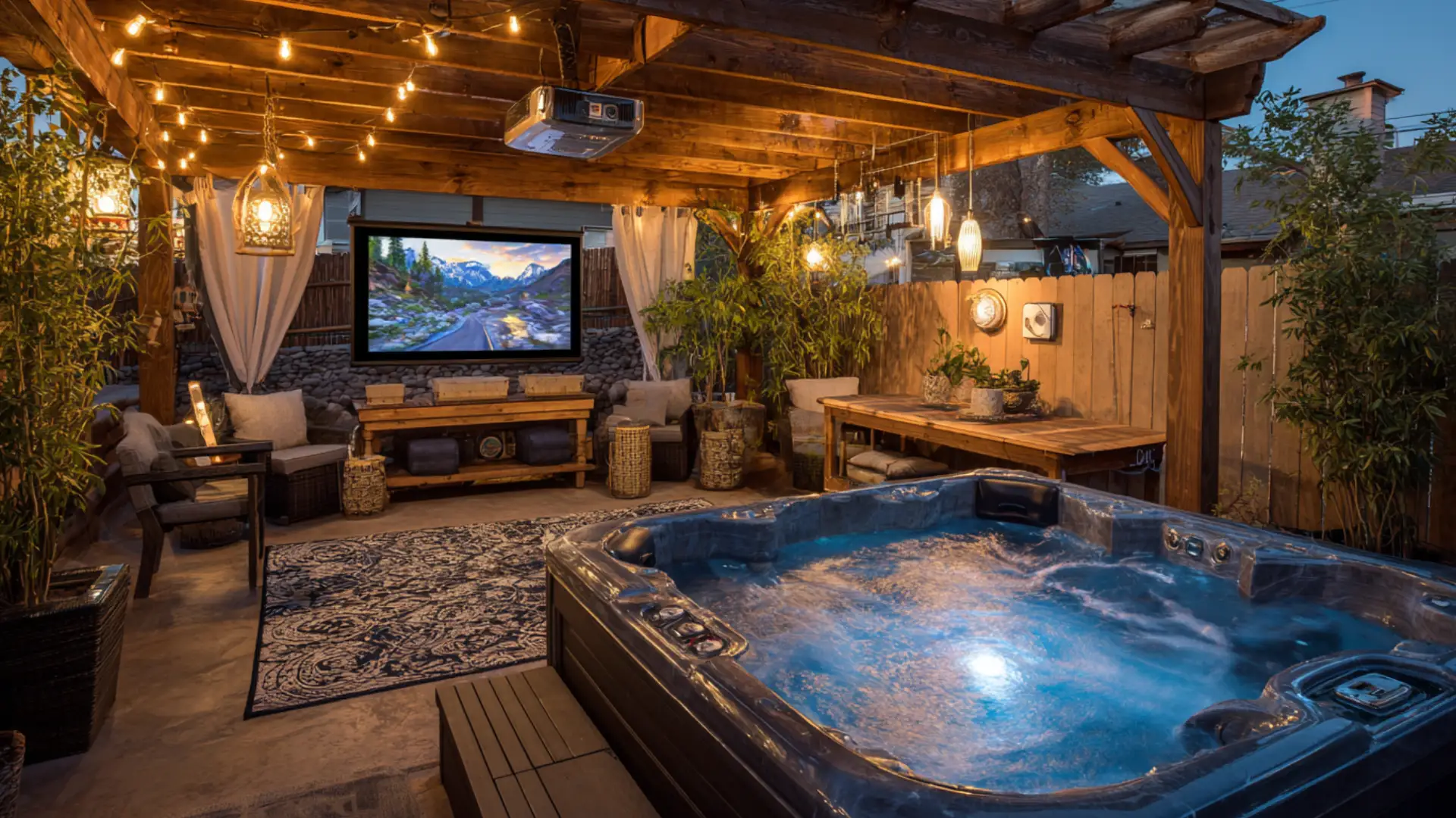 deck with outdoor screen visible from the tub under covered framing view