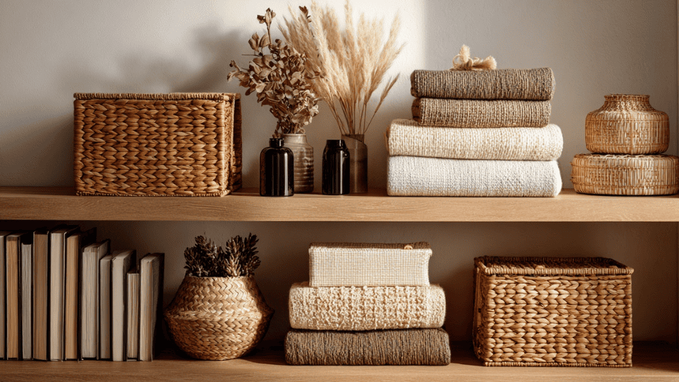 Decorative storage baskets and boxes in a cozy small studio apartment