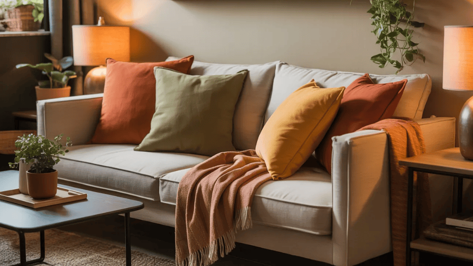 Earthy accent colors styling a cozy small studio apartment living area
