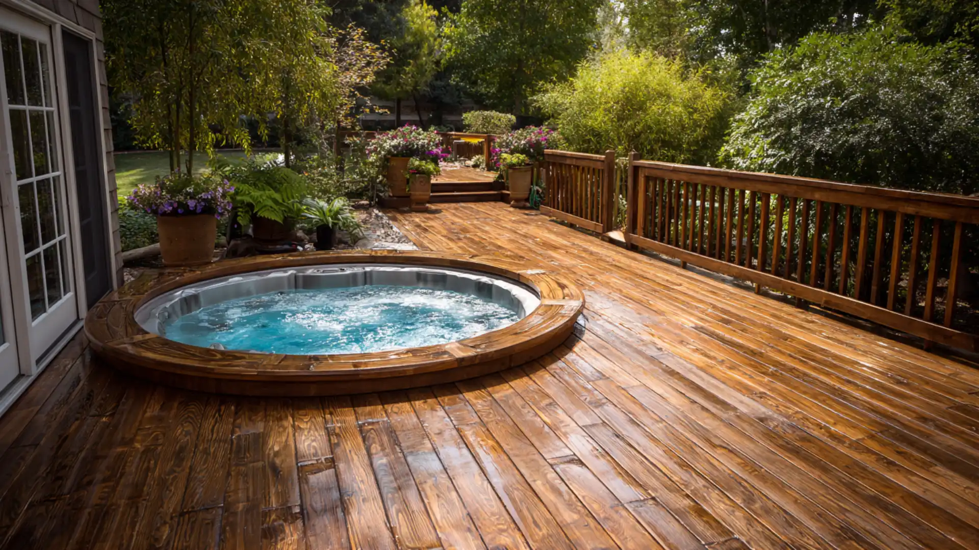 Existing deck with a carved-out section fitted neatly around a built-in hot tub