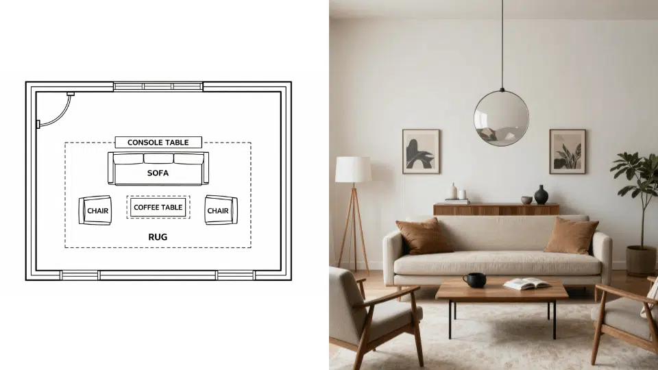_Floating furniture layout with sofa and chairs placed away from walls
