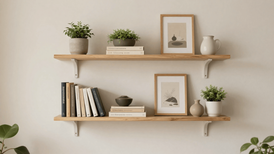 Floating shelves adding storage and style in a cozy small studio apartment