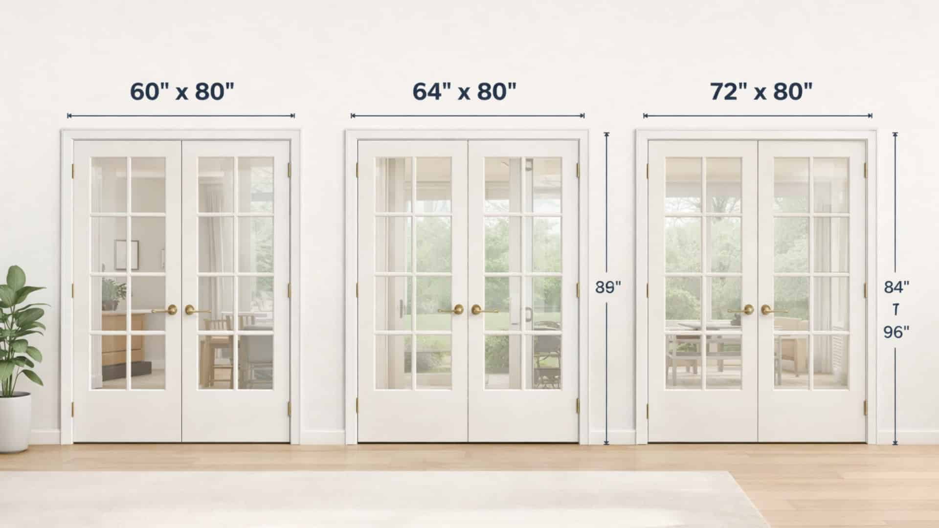 French door size infographic showing common widths and heights for paired doors