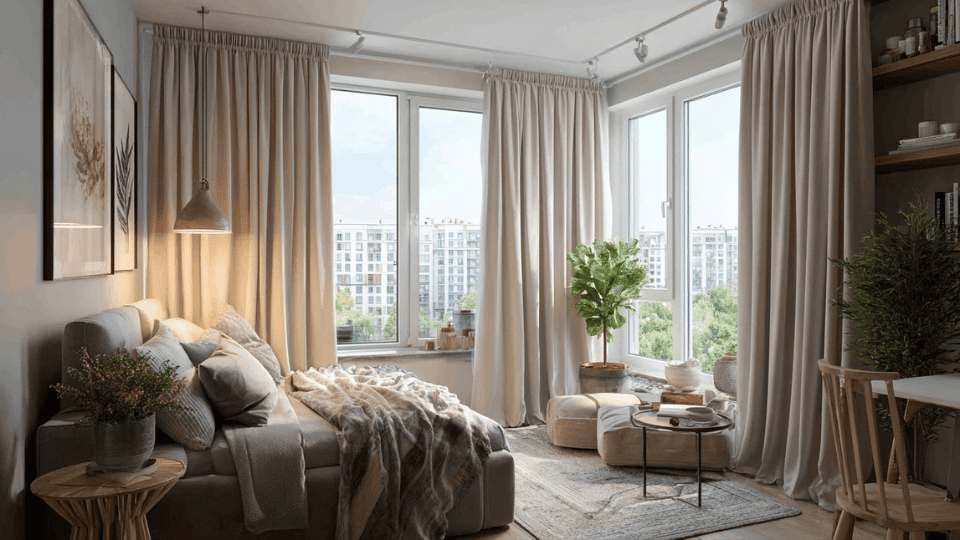 Full-length curtains hung high in a small studio apartment window area