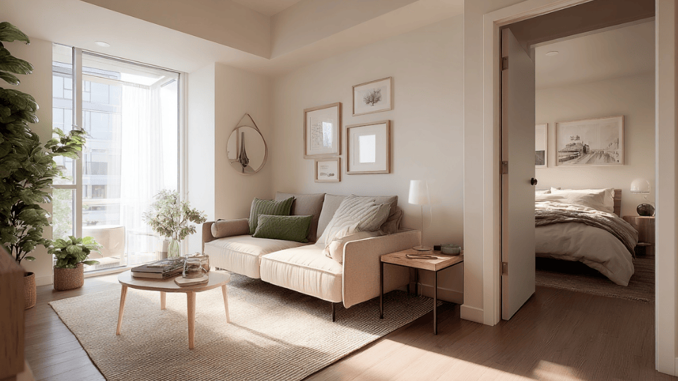 Furniture with visible legs creating an open look in a studio apartment living area
