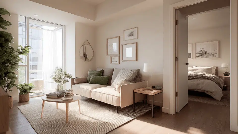 Furniture with visible legs creating an open look in a studio apartment living area