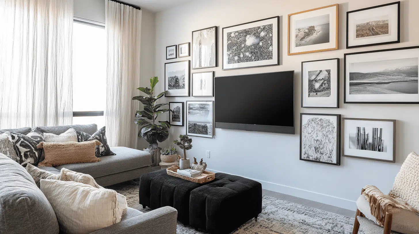 Gallery-Wall-Around-Tv-Stand-With-Art-Photos