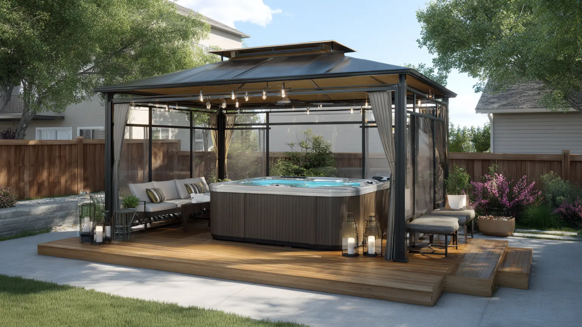 Gazebo-covered hot tub deck with roof, screens, and cozy seating nearby by deck