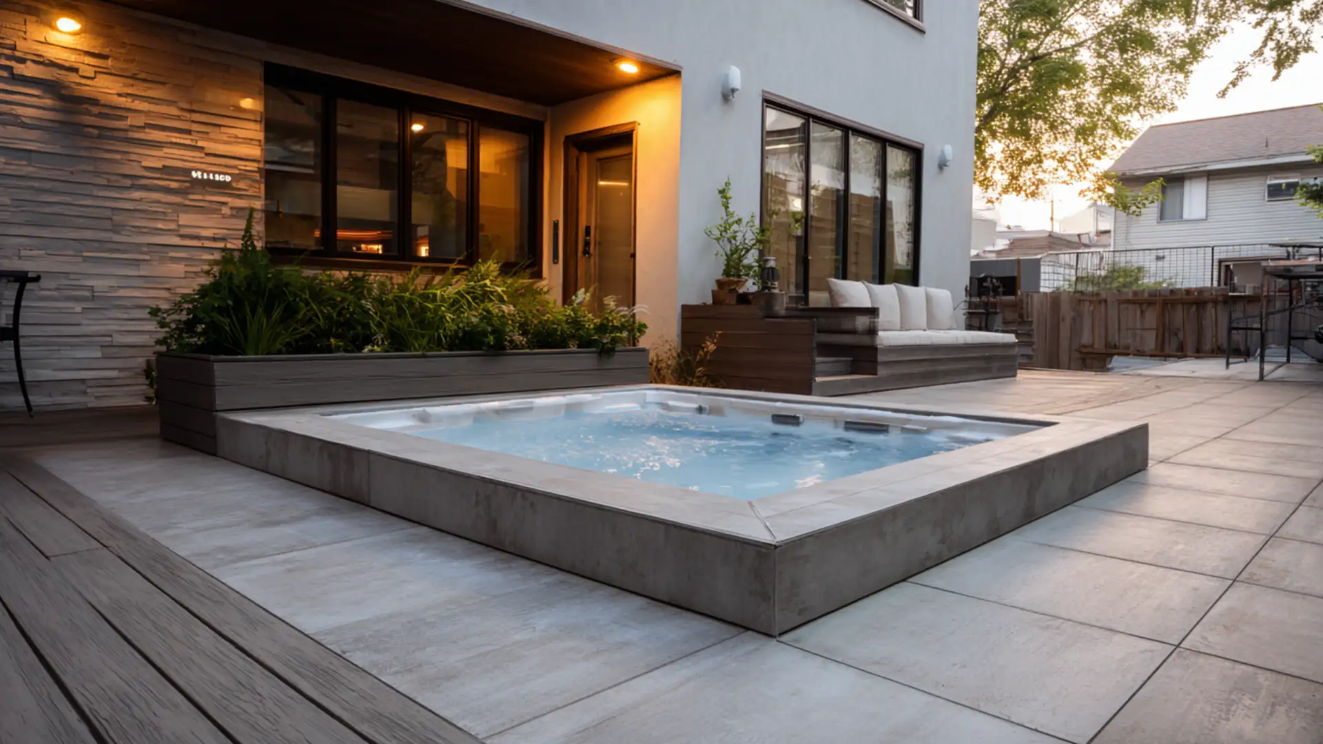Hot tub area finished with textured porcelain tile on a clean patio deck at dusk