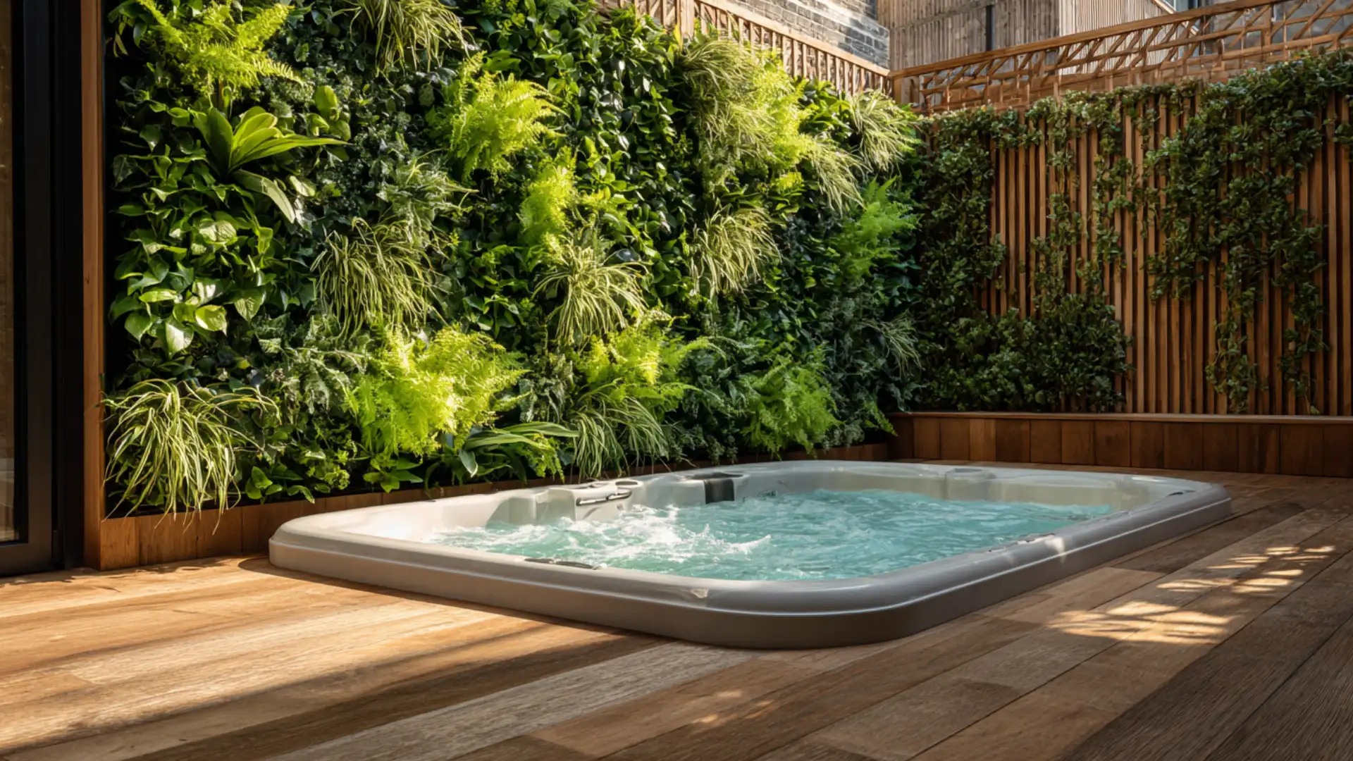 Hot tub deck beside a vertical garden wall filled with lush green plants at dusk