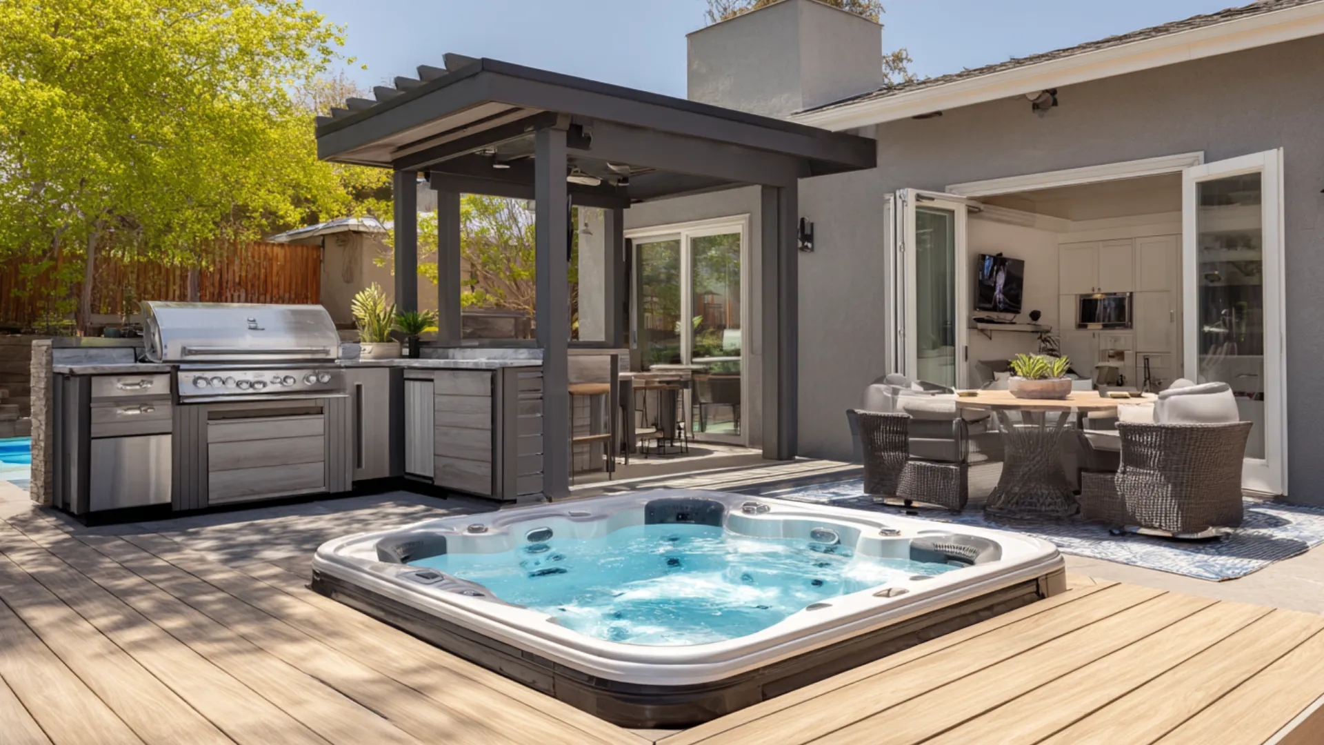 Hot tub deck beside an outdoor kitchen with grill, counter, and mini fridge view