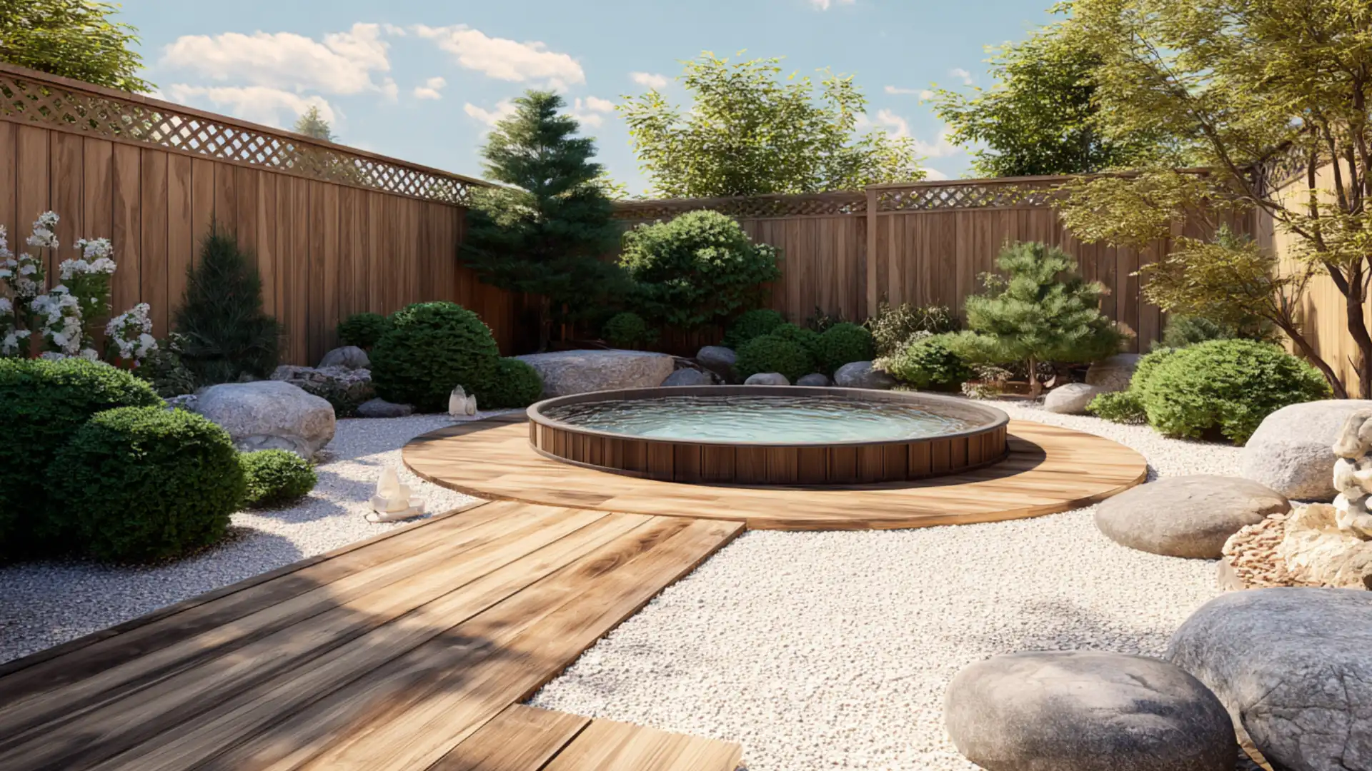 Hot tub deck bordered by raked gravel, boulders, and clipped green shrubs nearby