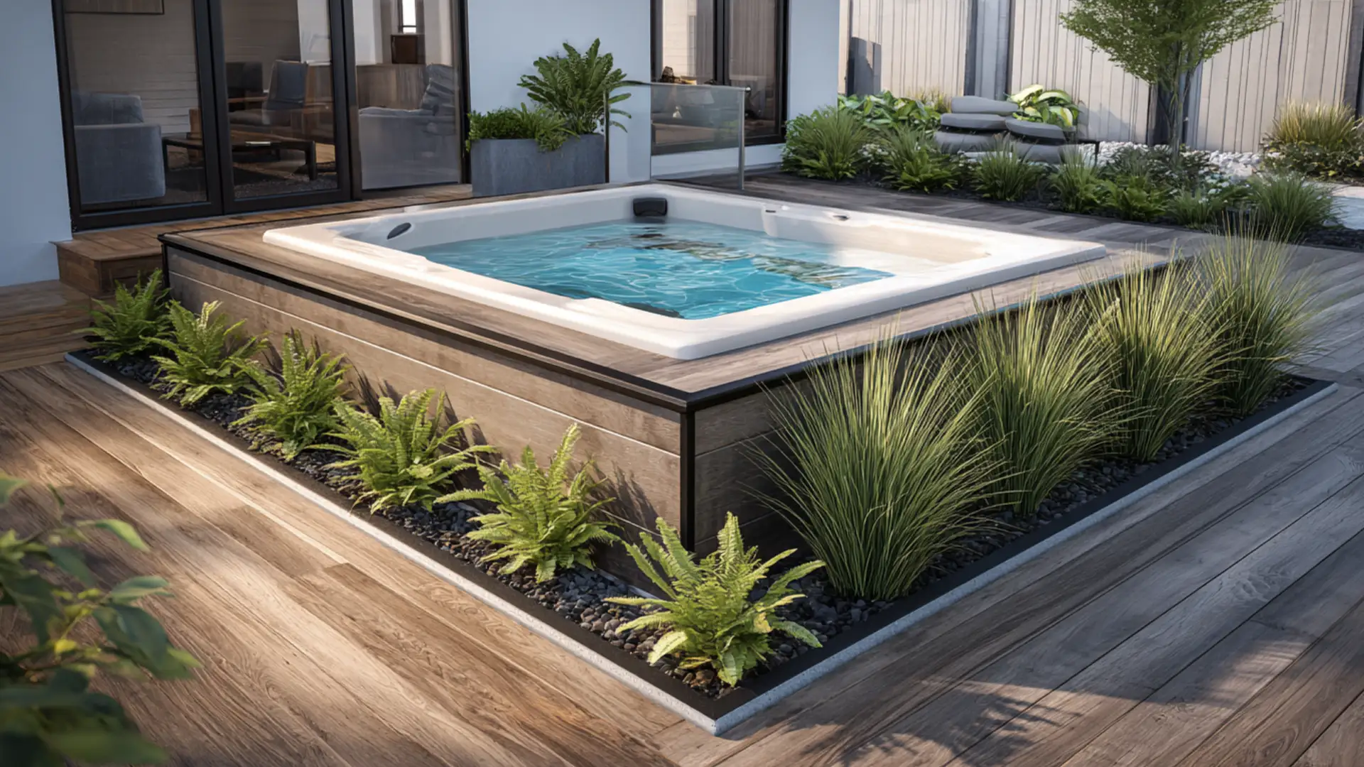 Hot tub deck edged with built-in planter boxes filled with grasses and ferns