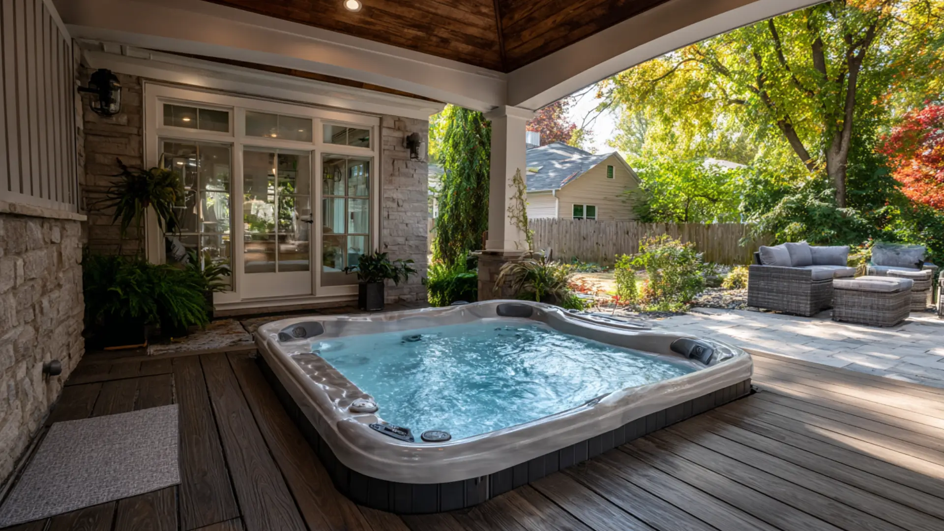 Hot tub deck extended from a covered porch to match the home exterior near home.