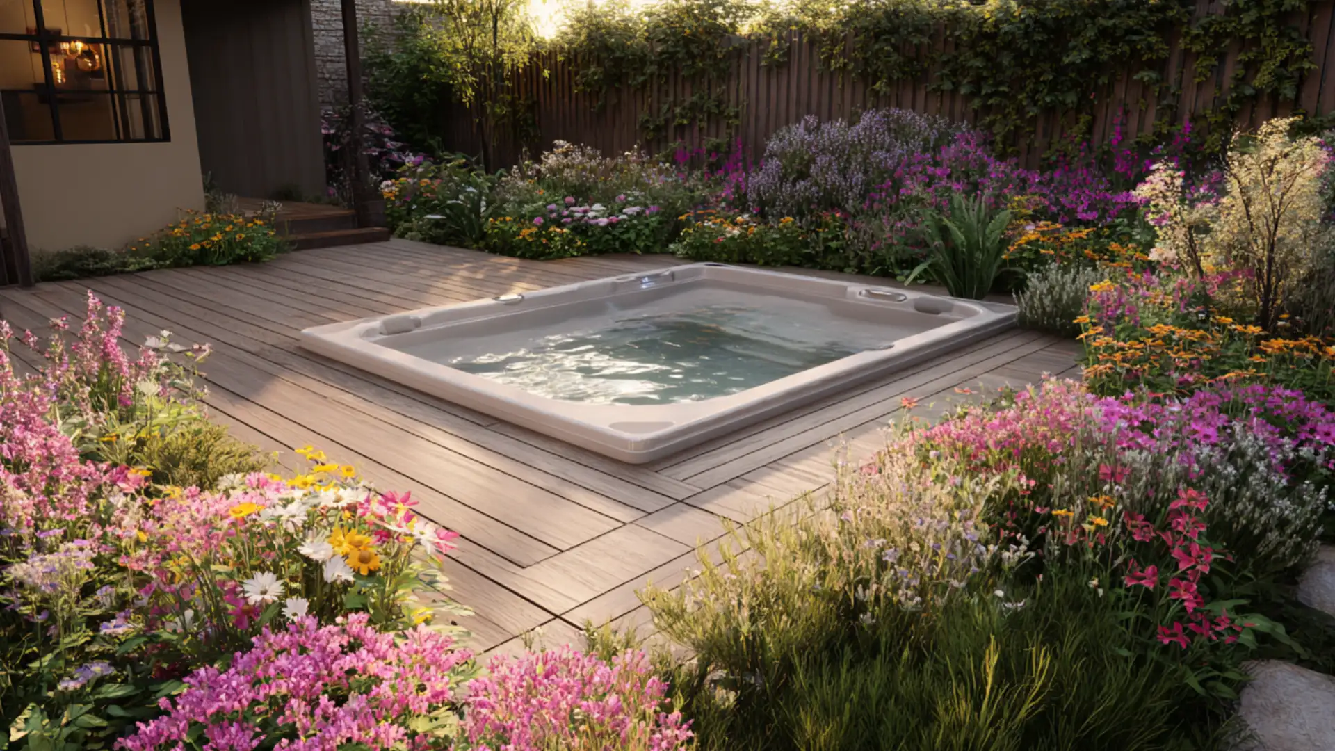 Hot tub deck framed by native wildflowers and soft natural planting beds at dusk