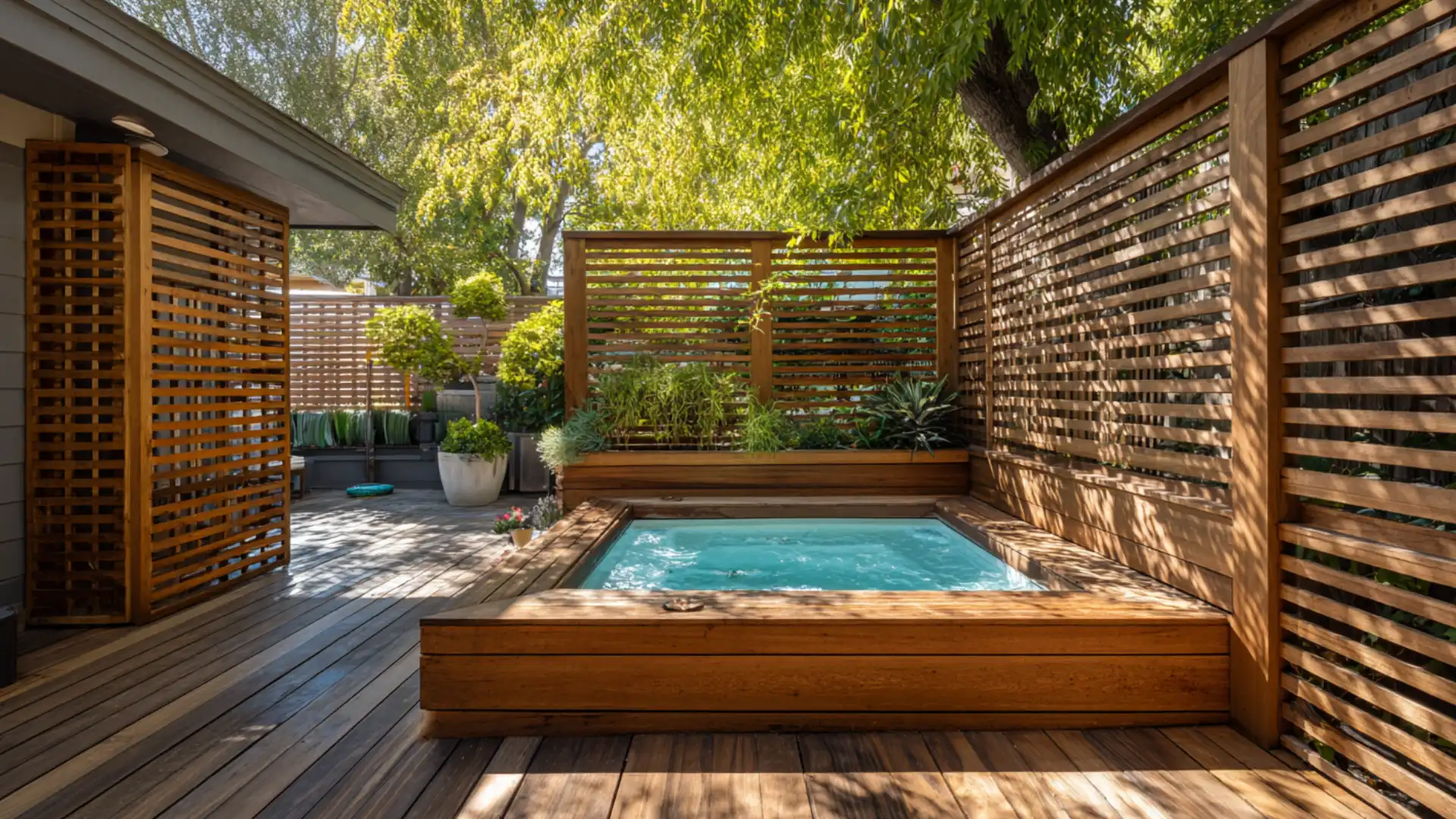 Hot tub deck framed by vertical wood slat screens for privacy and airflow nearby