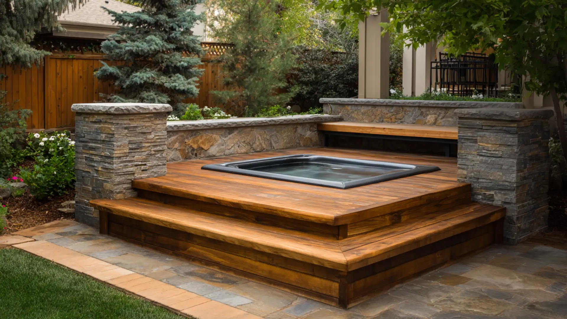 Hot tub deck mixing wood boards with stone accents and low wall details by deck.