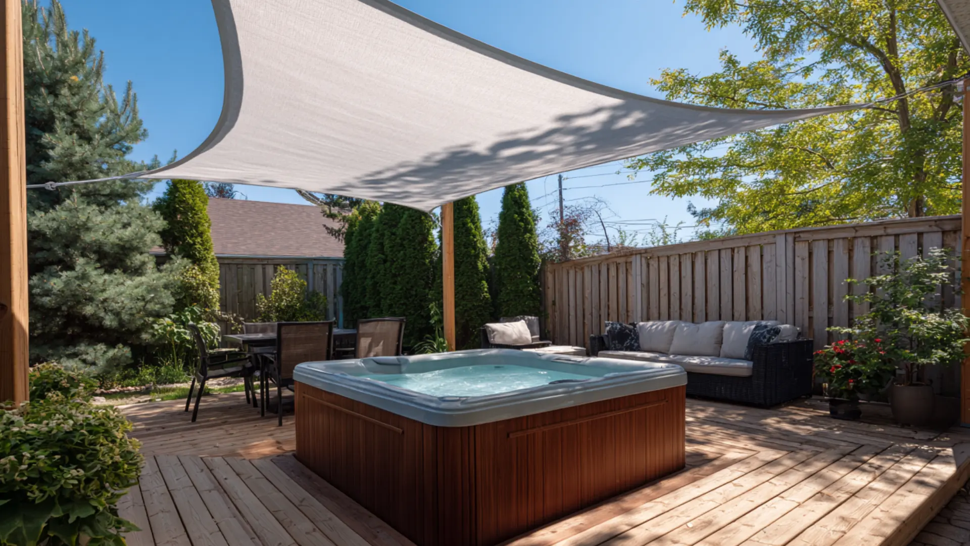 Hot tub deck shaded by a modern sail canopy stretched above a clean layout scene