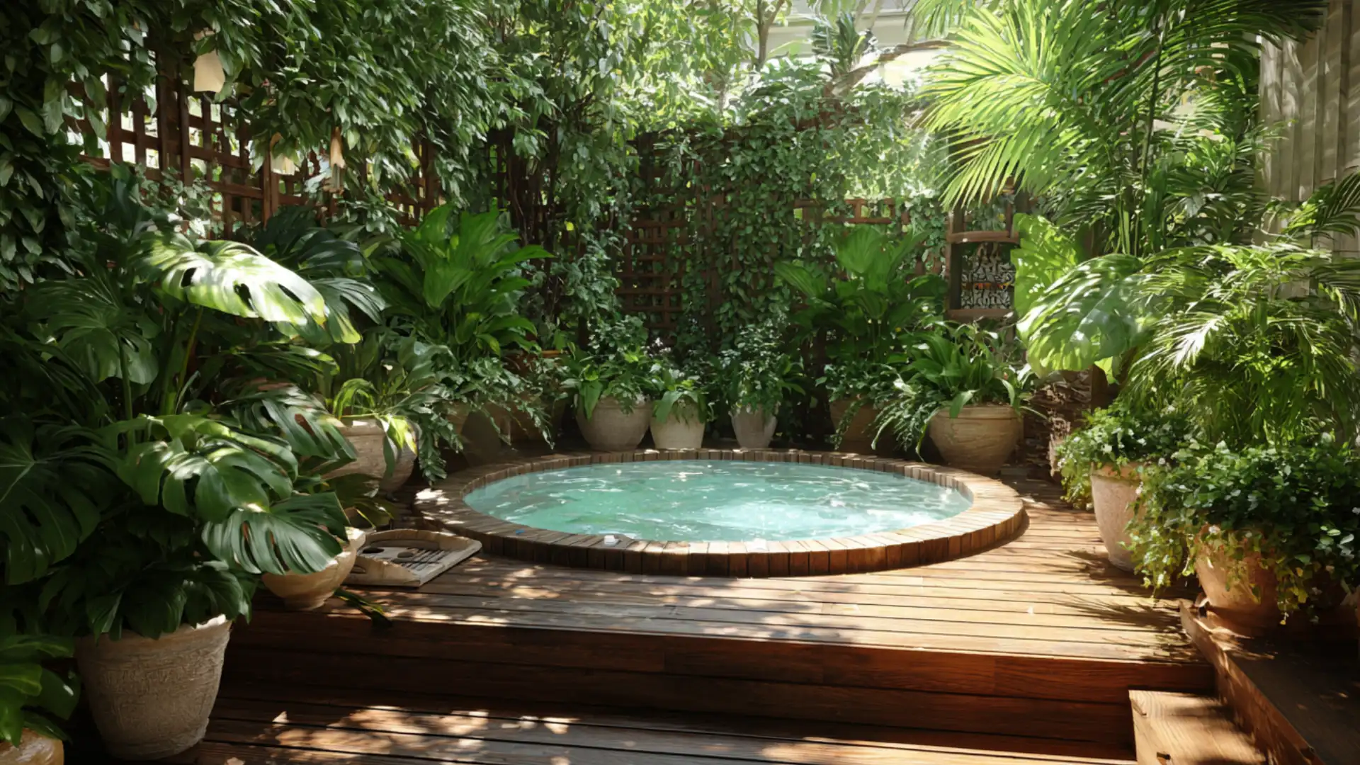 Hot tub deck surrounded by tropical plants in layered pots and garden beds scene