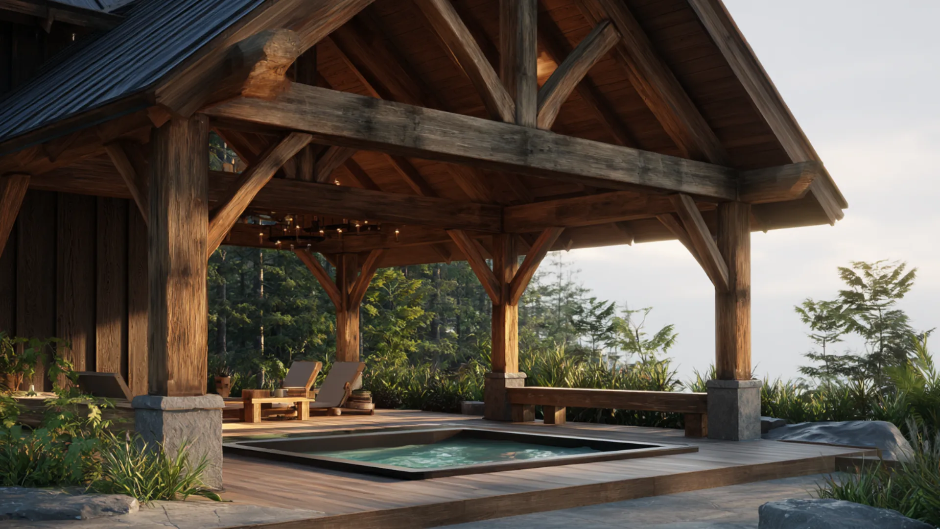 Hot tub deck under a timber frame shelter with pitched roof and heavy beams view