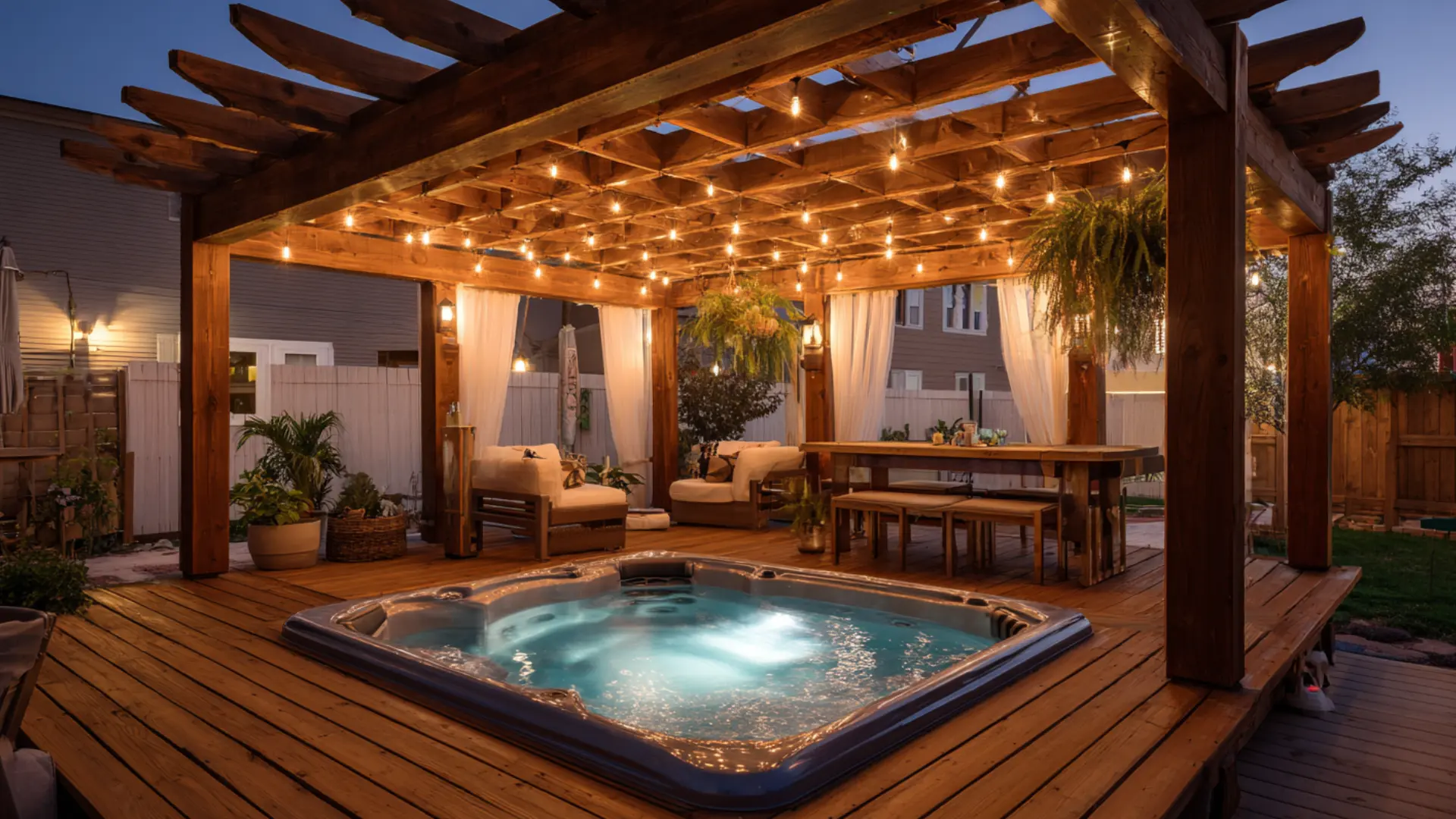 Hot tub deck under pergola beams draped with warm string lights at dusk by deck.