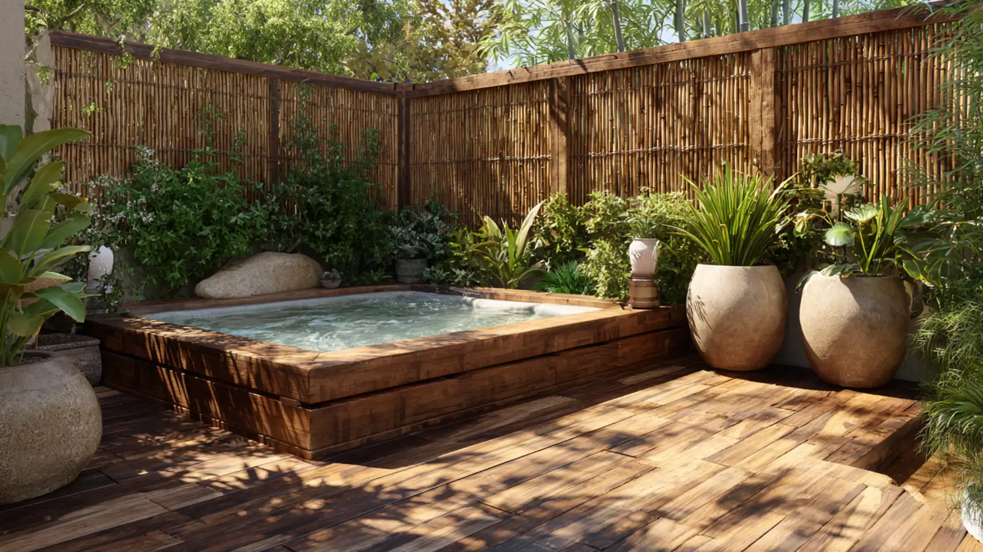 Hot tub deck with bamboo privacy fencing, stone pots, and a relaxed yard feel.