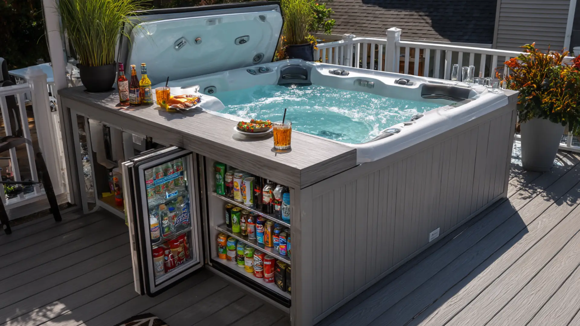 Hot tub deck with built-in bar ledge, cooler cabinet, and drink station by deck.