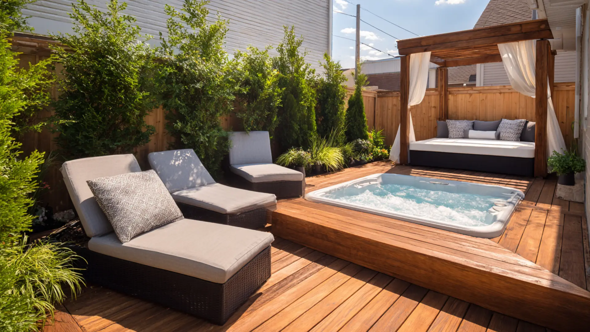 Hot tub deck with chaise lounge area and outdoor daybed nearby beside the house.