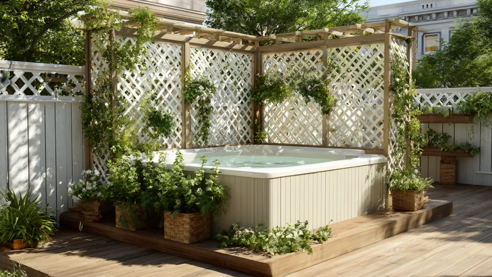 Hot tub deck with lattice privacy wall and soft greenery around the panels scene