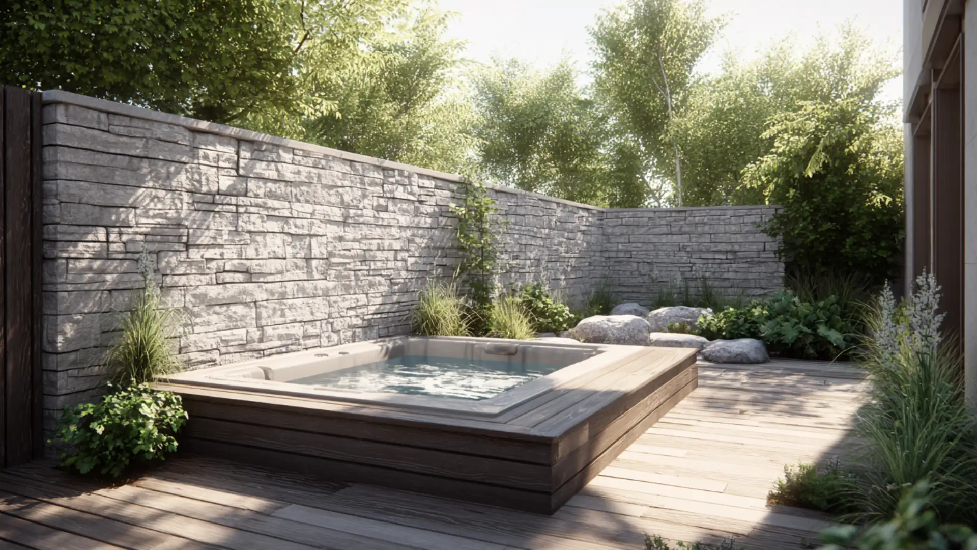 Hot tub deck with low stacked-stone wall and wood decking in a calm backyard now