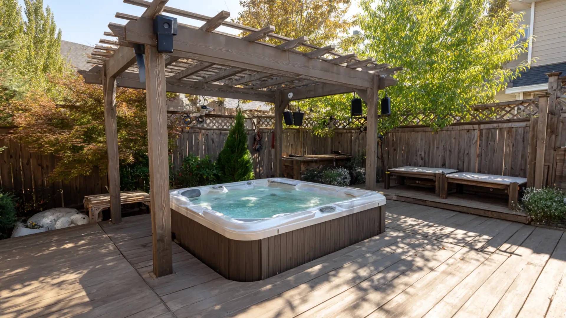 Hot tub deck with mounted outdoor speakers and a relaxed entertaining setup view