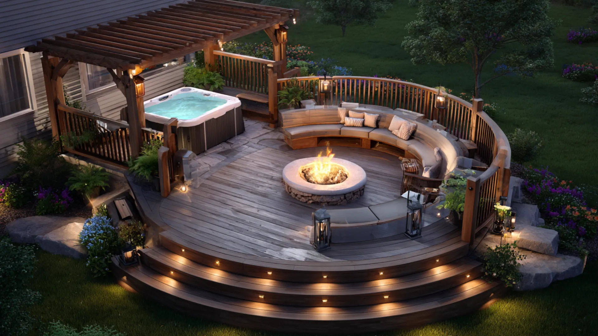 Hot tub deck with nearby fire pit and circular seating for cool evenings at dusk