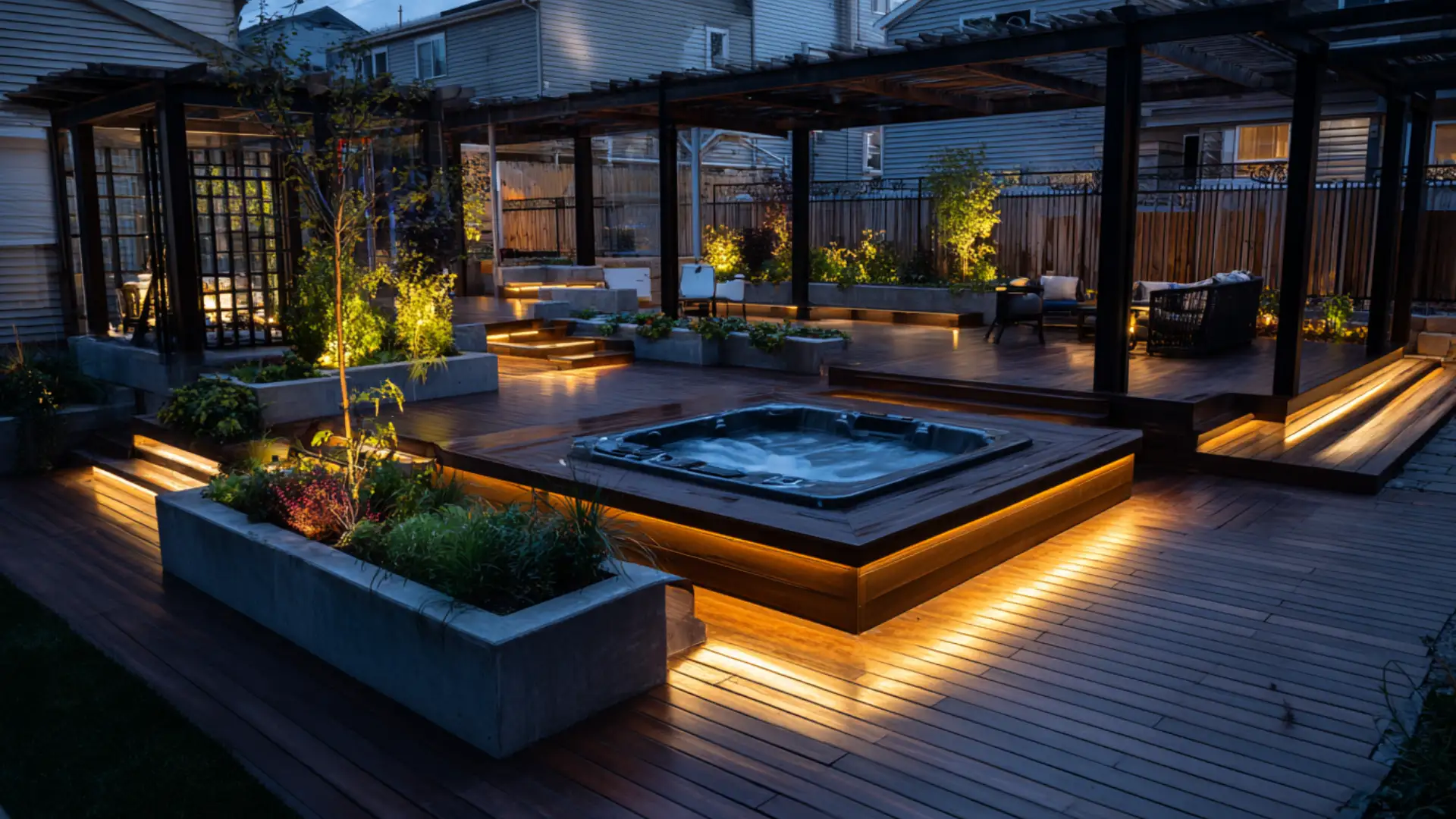 Hot tub deck with uplighting at planter bases and pergola posts after sunset now