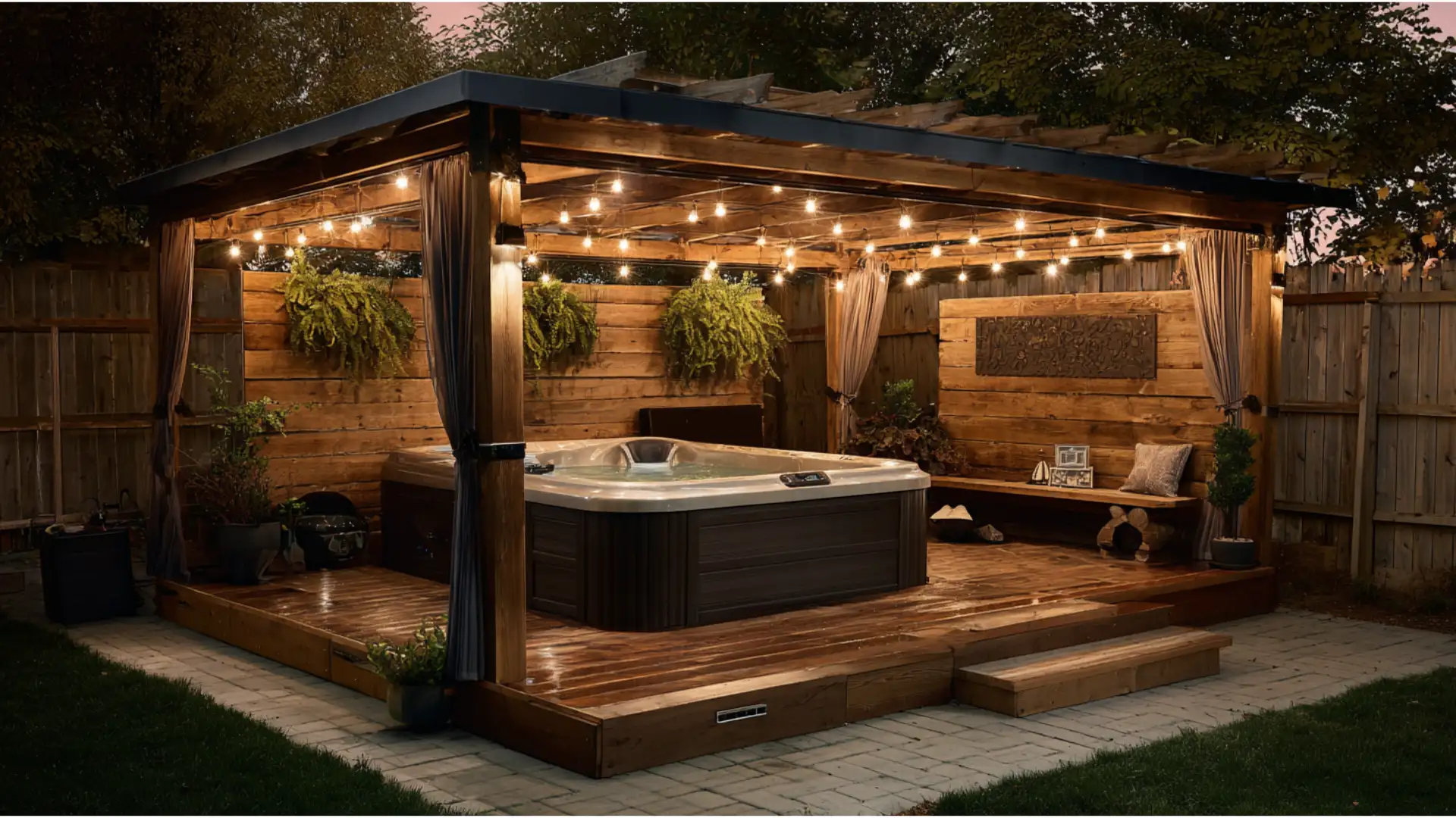 Hot tub placed under a raised deck with string lights and private sheltered feel