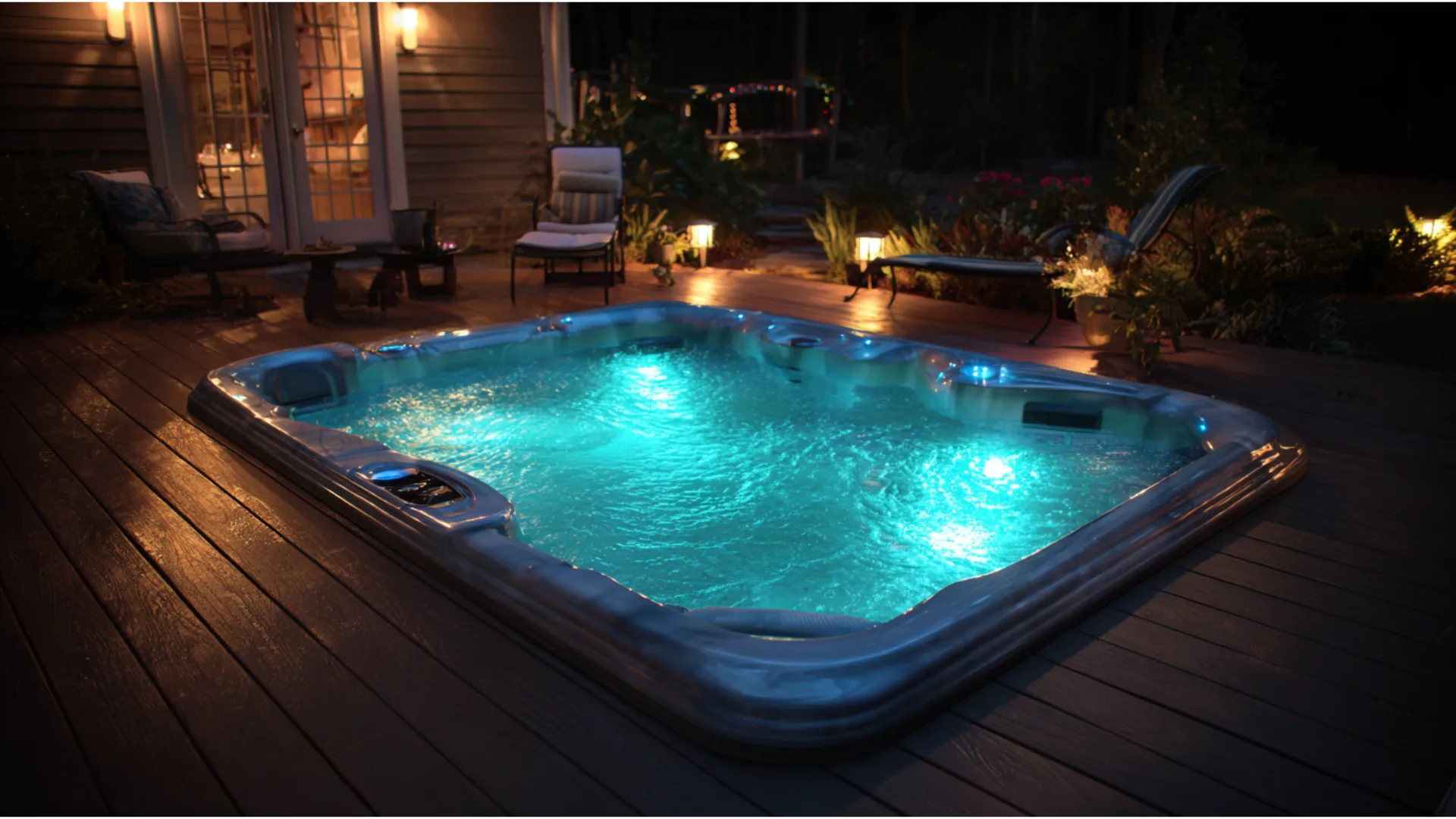 Hot tub water glowing with built-in LED lighting on a quiet evening deck at dusk