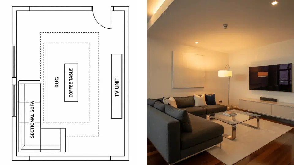 _L-shaped sectional sofa layout in a corner living room with TV and coffee table