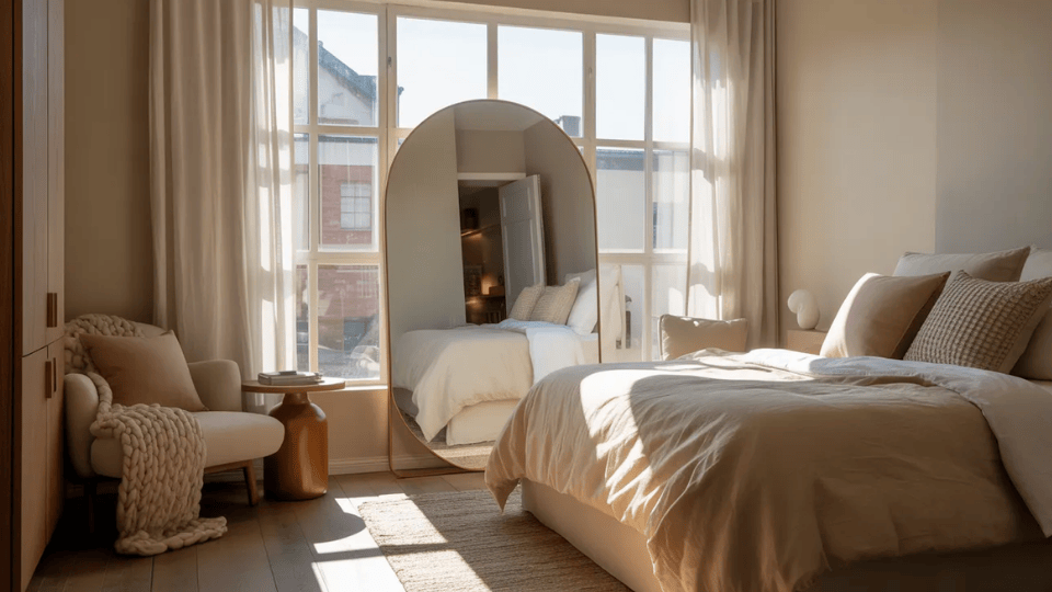 Large mirror reflecting light in a small studio apartment living area