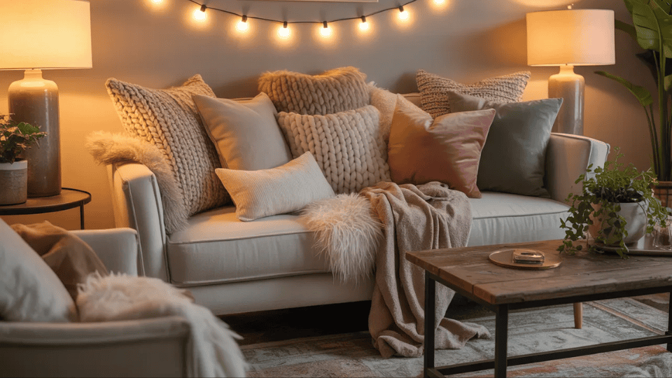 Layered cushions and pillows creating a cozy studio apartment living zone