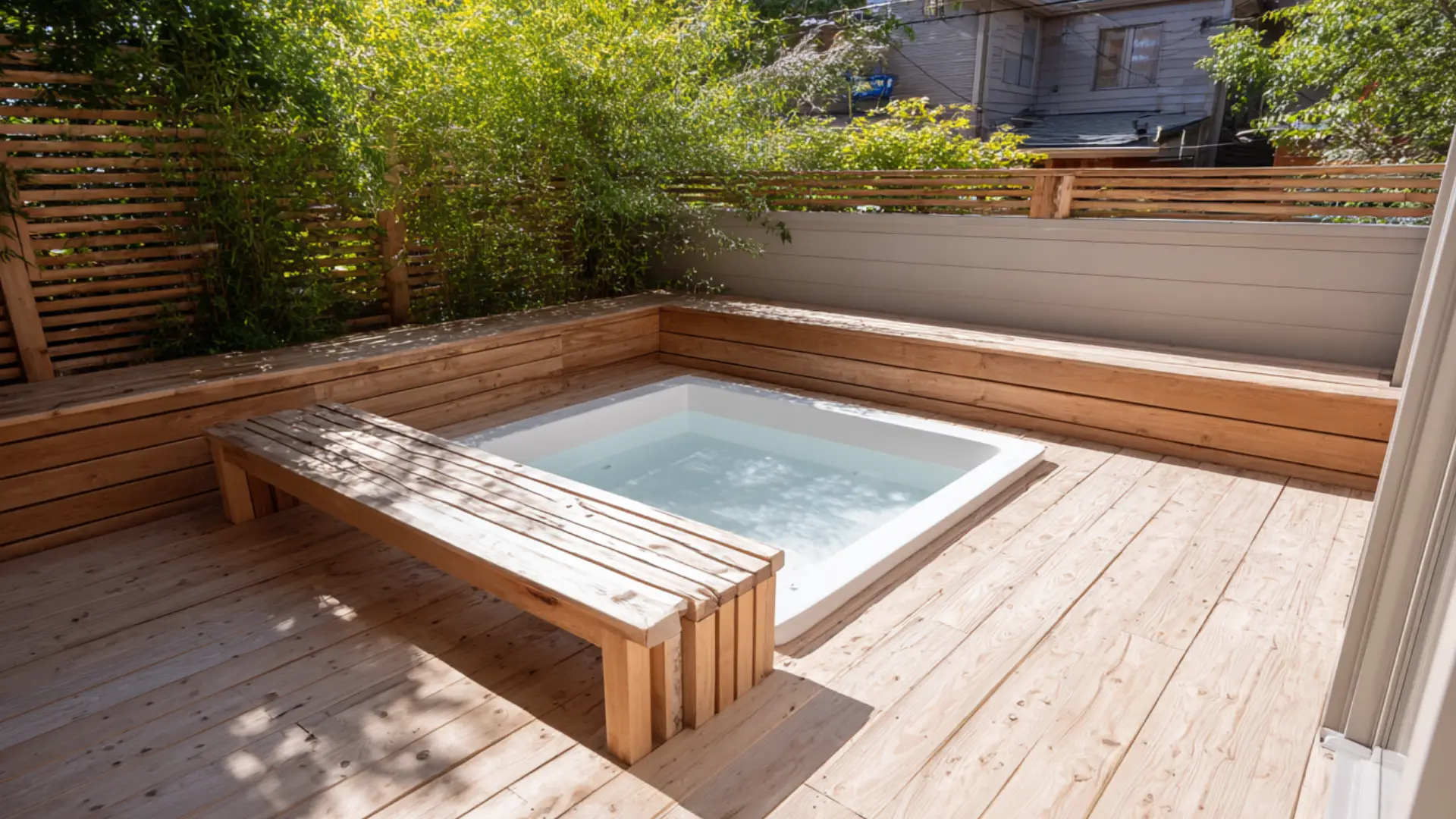 Light-toned minimalist hot tub deck with simple bench and open layout near home.