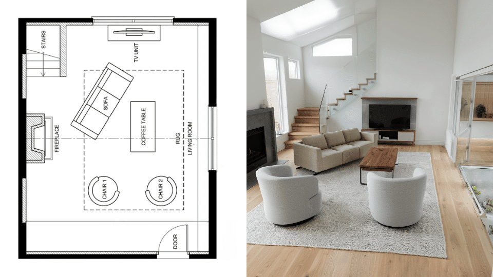 _Living room with dual focal points TV and fireplace with angled seating